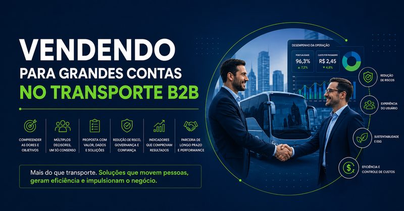 Imagem ilustrativa sobre vendas para grandes contas no transporte B2B, com reunião executiva, indicadores de desempenho da operação e governança de mobilidade corporativa.