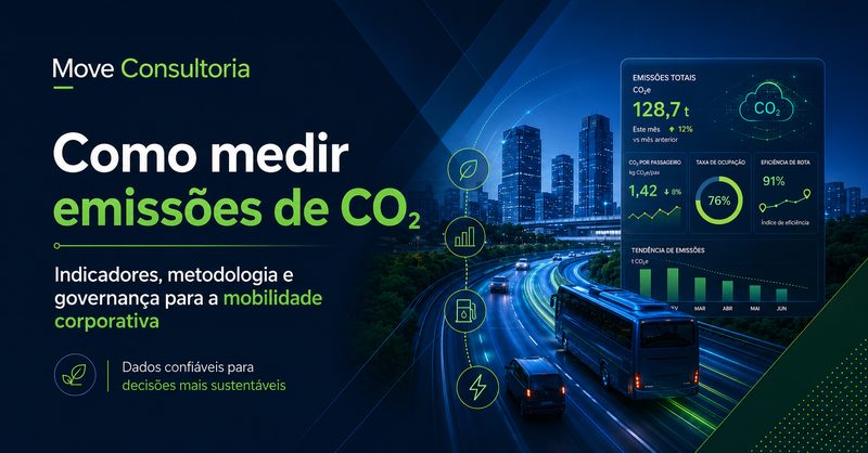 Imagem ilustrativa sobre medição de emissões de CO₂ na mobilidade corporativa, com indicadores, veículos e dados de sustentabilidade.