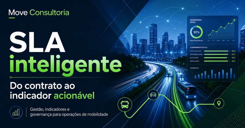 Imagem ilustrativa sobre SLA inteligente em operações de mobilidade corporativa, com indicadores de desempenho, rotas, veículos e governança operacional.